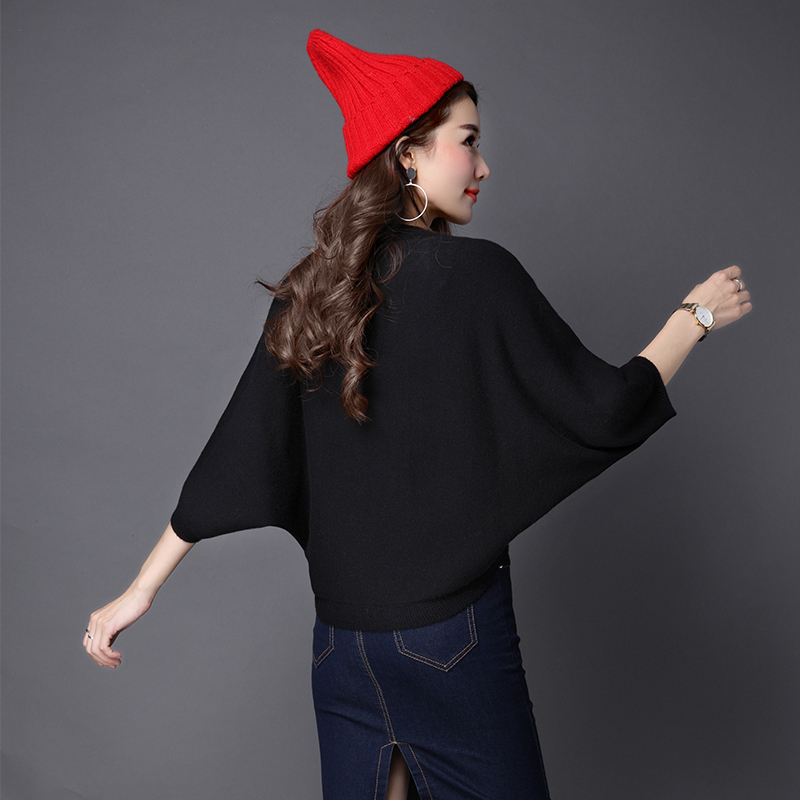 MFON/麦风尚2016秋季新品韩版短款V领五分袖蝙蝠袖针织套头毛衣女产品展示图4