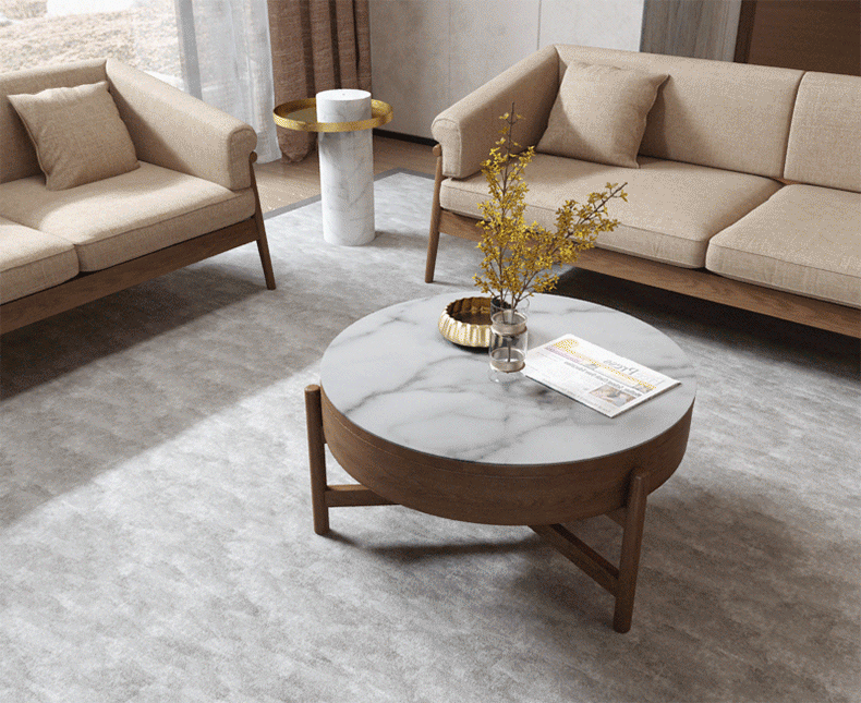 北欧简约大理石纹钢化创意客厅茶几圆形旋转储物创意