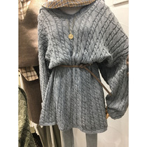 Sweater new solid color thick twist V collar lazy wool long sleeve hooded coat women tide