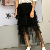 2020 new womens loose rubber waist long skirt summer black fashion front short back long mesh dress