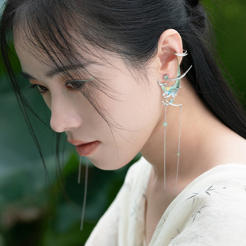 绘间手绘【月下西湖-望月楼】清冷新中式流苏长款玉石耳环耳夹
