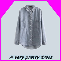 Mall counter withdraws large size fat mm Womens Spring retro lapel lace craft denim shirt loose top