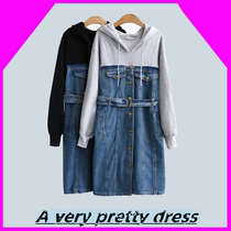 Foreign trade tail single size womens fat mm spring long hooded fake two-piece stitching dress thin denim skirt