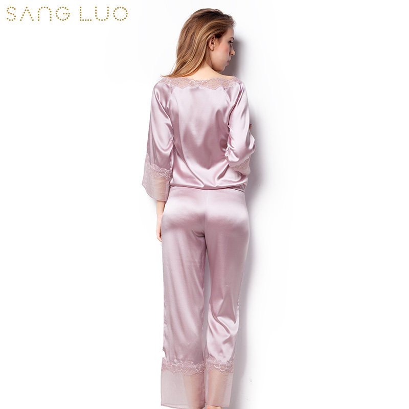 桑罗春夏新款女100%桑蚕丝丝绸家居服套装秋季长袖真丝睡衣两件套