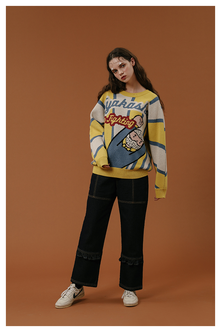 tyakasha塔卡沙加油系列女款黄色趣味插画圆领提花款毛衣djf55