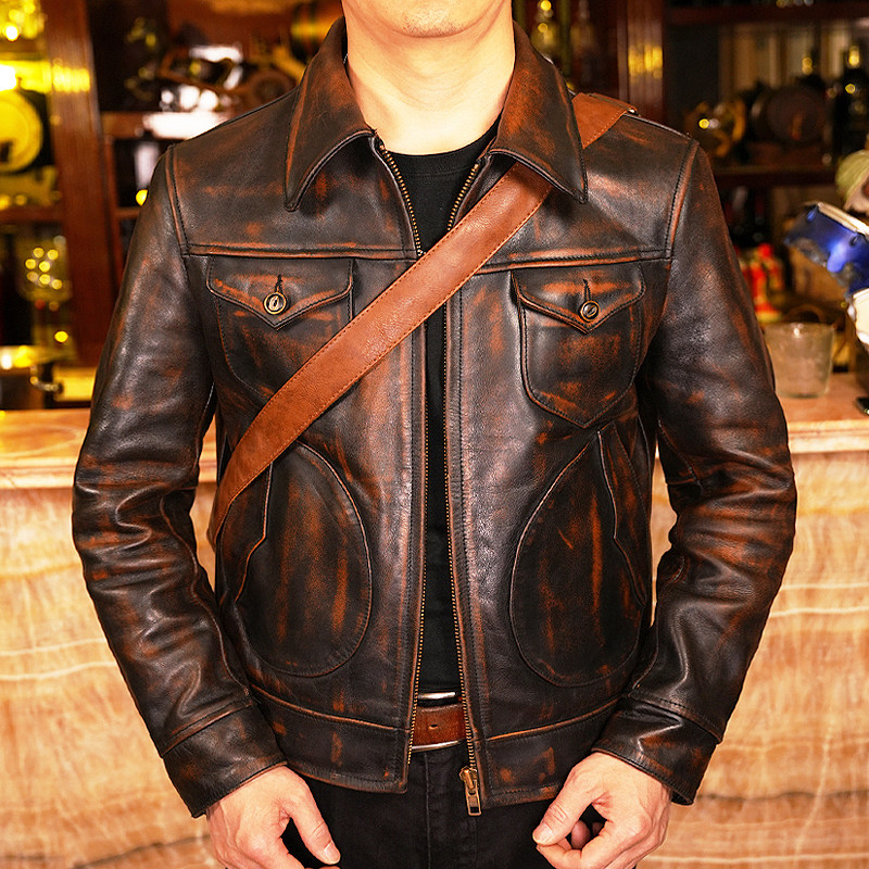 复刻RRL门多萨马皮皮衣男做旧休闲复古多兜机车茶芯色真皮夹克