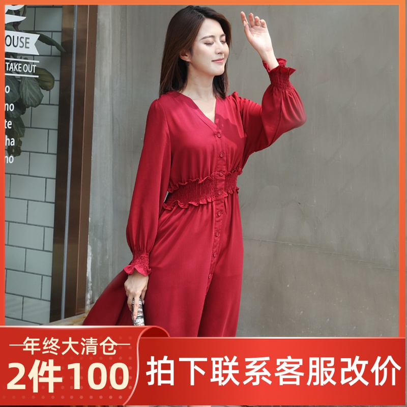 Fat mm Big size women's dress 2020 early fall Stalk Orange cashiers V collar Long sleeves Slim Fit Snowspun Foreign Dress