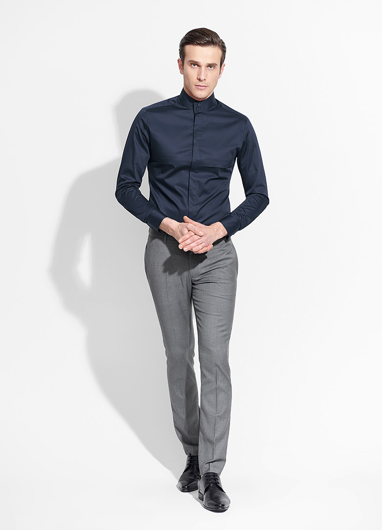 新款中国风商务高立领衬衫男士长袖衬衣时尚拼接修身