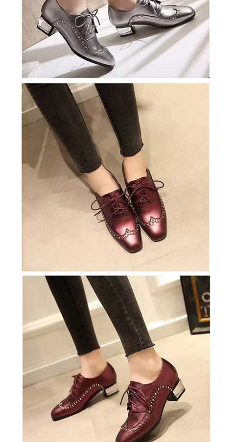 2016秋季欧美新款方头铆钉洛克粗跟系带枪色真皮女单鞋水晶高跟鞋