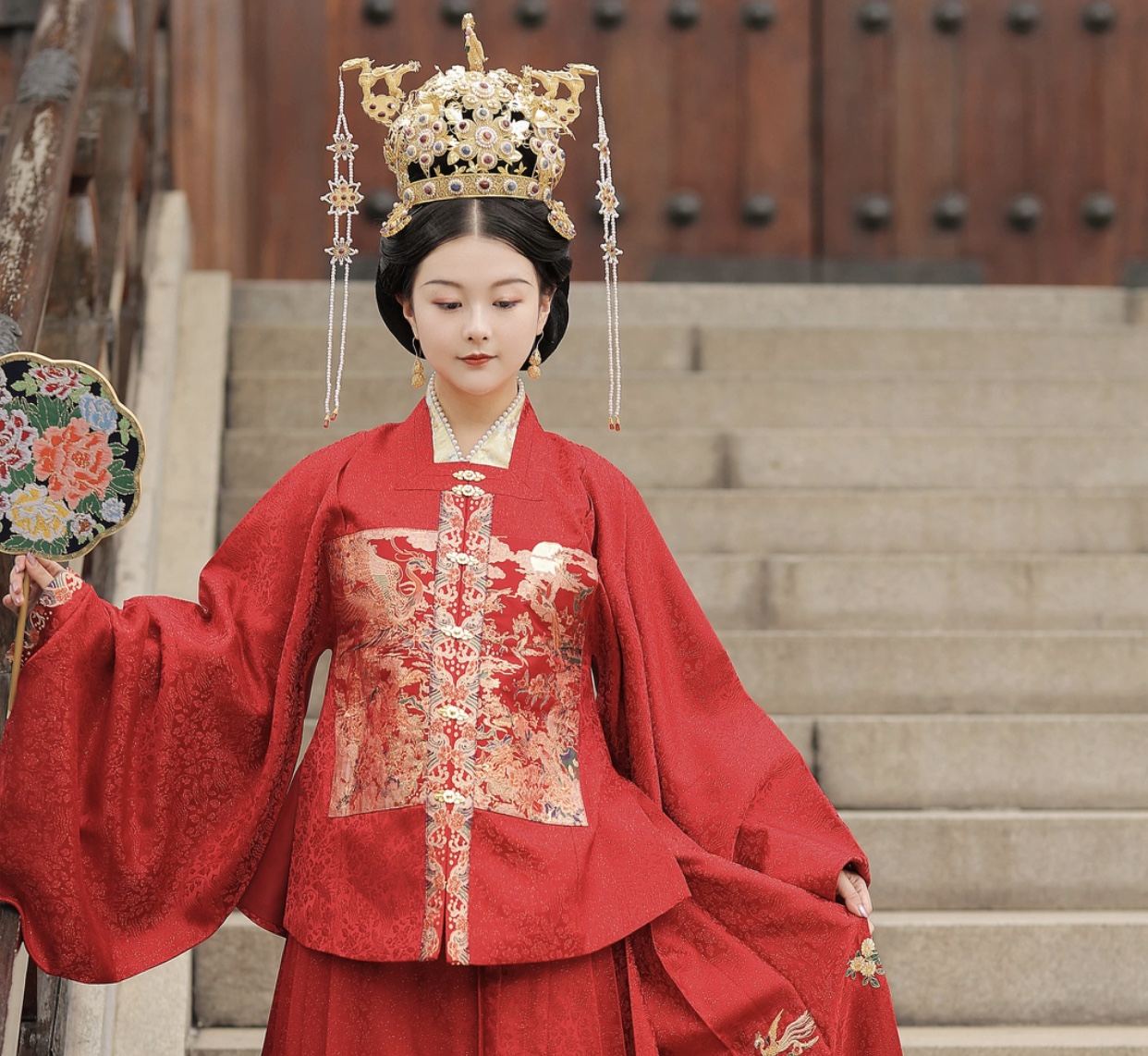 百鳥朝鳳披風 白赤金色ロングアウター 中国伝統衣装 織錦 西陣織 結婚