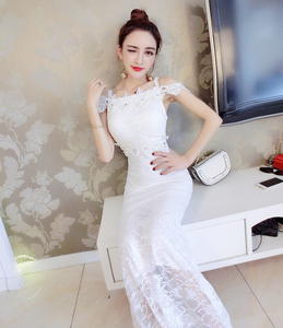 Sexy one line lace slim fishtail dress