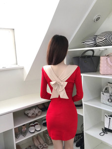 Sweet fashion women’s autumn and winter new sexy V-neck big bow long sleeve slim dress