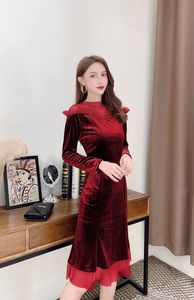 Golden velvet sexy temperament mid long celebrity annual meeting dress buttock dress