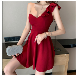 Low breasted Strapless wine red nightclub sexy dress