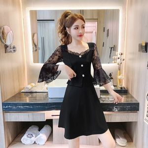 Lace hook flower careful machine Hepburn small black dress women fashion fake two dresses