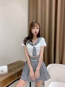 Bowknot waist back show thin retro Plaid print Short Sleeve Dress