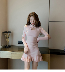 New Retro cheongsam style waistband ruffled Long Sleeve Dress