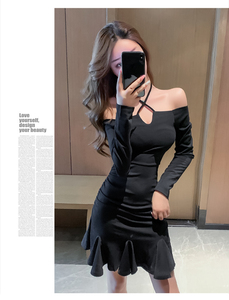 New one line collar sexy off the shoulder fishtail skirt slim dress
