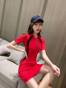 Tight Sexy package hip waist color matching round neck short sleeve T-shirt skirt dress