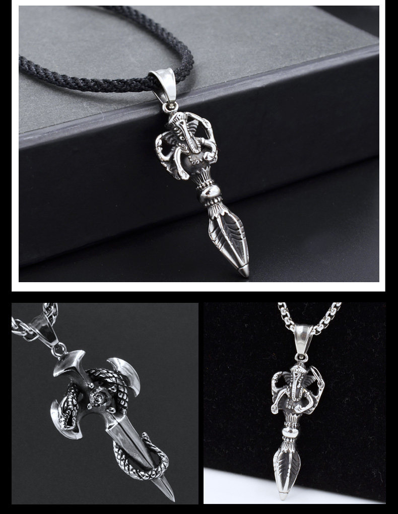 项链男士潮日韩复古时尚吊坠钛钢气质学生蛇盘剑个性装饰品项链男