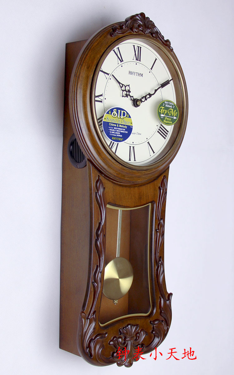 日本rhythm丽声钟表客厅欧式实木静音挂钟音乐报时石英钟cmj546