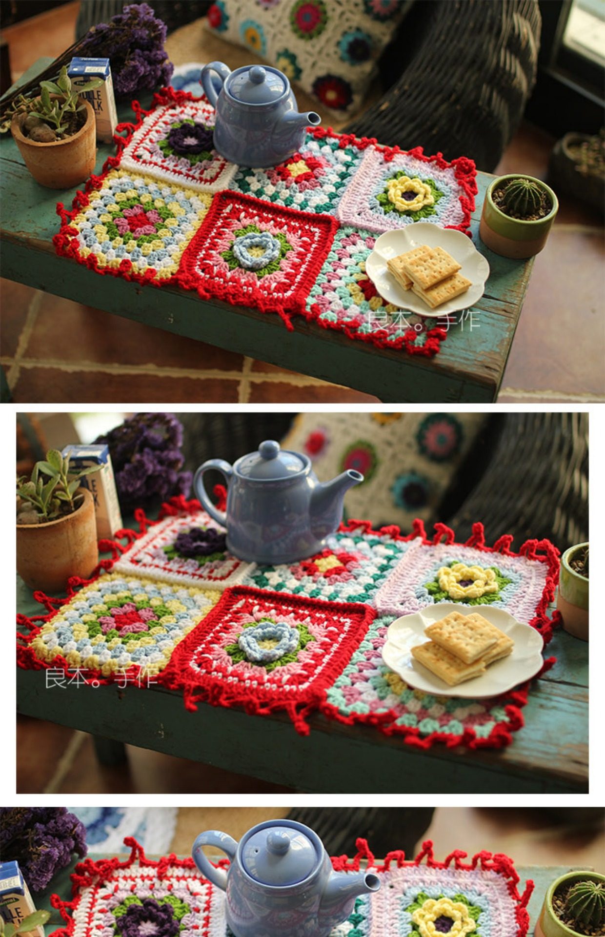 传统手艺潮汕钩花乔姑娘复古森系 纯手工手钩立体花 复古红边抱枕