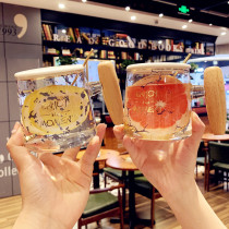 Han Edition Creative Wood Handle Glass Cup Office High-value Coffee Cup Household with a spoonful breakfast cup
