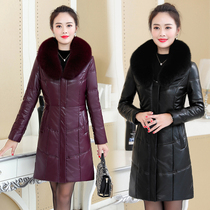 Haining middle-aged and elderly leather down jacket lady mother-in-law size Slim Plus velvet medium long mother leather cotton jacket