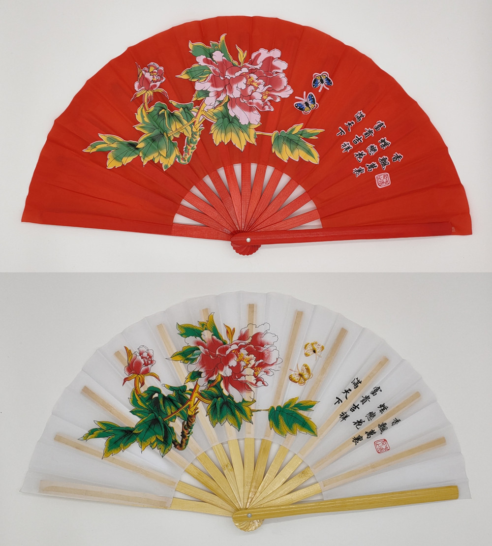 工厂直销功夫扇子响扇红色高档竹骨武术扇牡丹扇儿童舞蹈扇表演扇