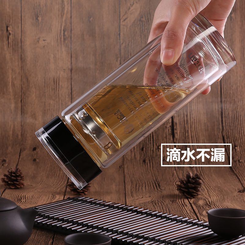 Face玻璃杯 过滤茶杯男隔热双层玻璃水杯加厚透明杯子带盖办公杯产品展示图1