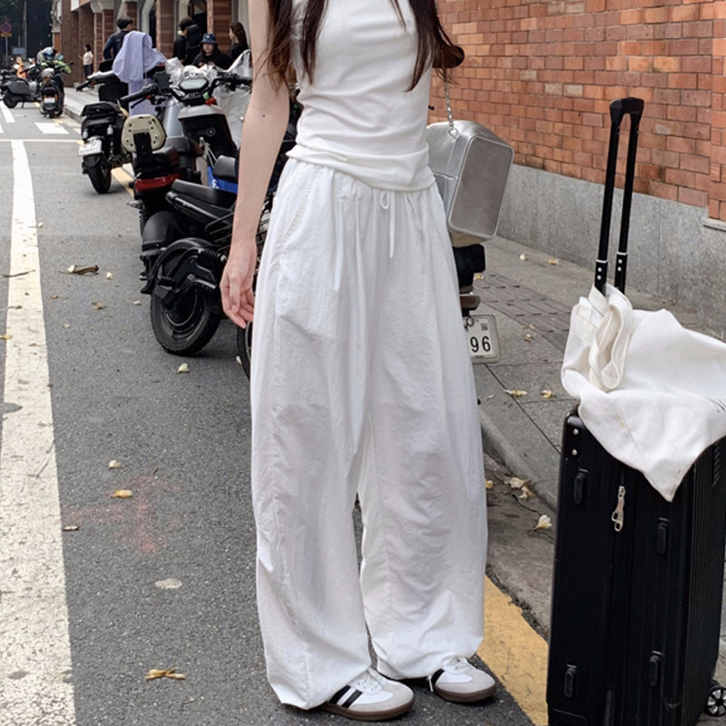 小个子裤子美式速干阔腿裤女夏季薄款白色高腰显瘦工装休闲直筒裤