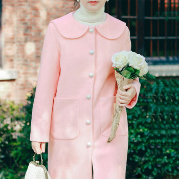 Senchun slow retro girly light pink pearl button navy collar doll collar mid-length woolen coat jacket