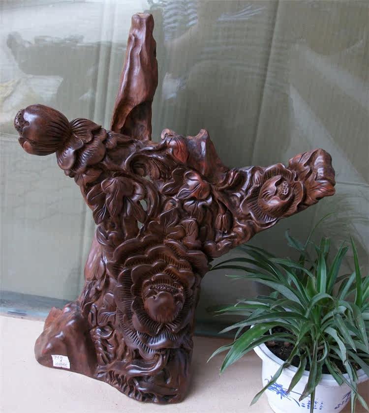 老挝大红酸枝鲜花木雕交趾黄檀花鸟根雕摆件精雕直立根雕摆设