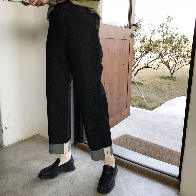 实价h.l.w实拍#129 2018春季新款韩国个性百搭黑色直筒牛仔卷边裤