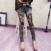 European station 2021 autumn and winter New Fashion Print beauty butterfly jeans slim body thin denim trousers women tide