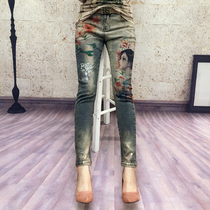 European station autumn and winter New Heavy Industry European goods printing beauty figure bronzing slim stretch denim trousers