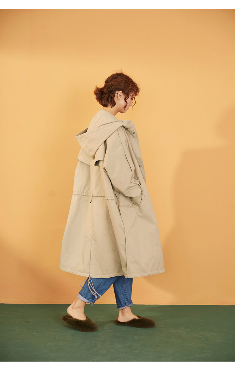 森宿y长款外套春装2018新款文艺抽绳连帽挺廓感风衣女-c8108004预