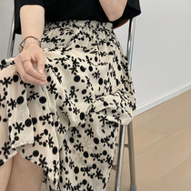 Summer elastic waist flocking small black flower floral skirt female Korean loose A- line dress long skirt