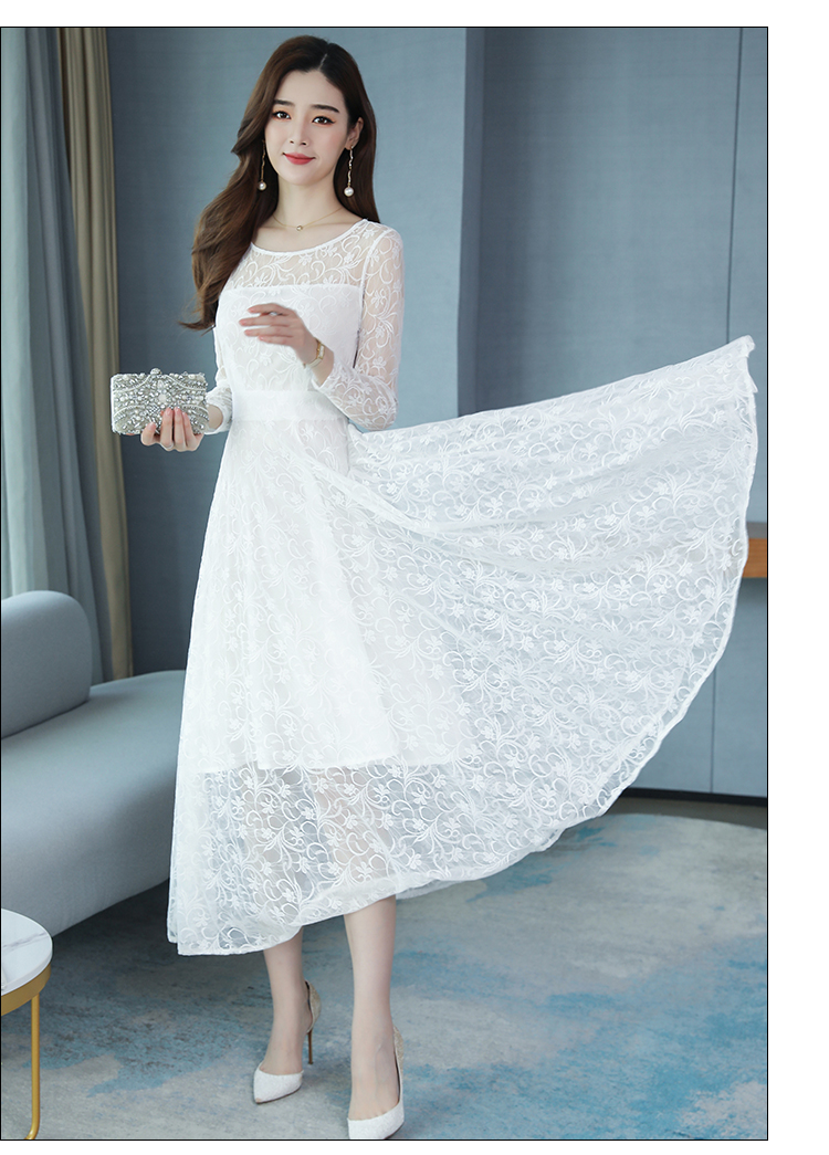 2020夏季新款长袖蕾丝连衣裙女显瘦遮肚中长款大码女裙