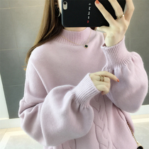 Bubble sleeve twist low neck sweater female sweater pullover loose Korean version of student net red lazy wind winter autumn jacket