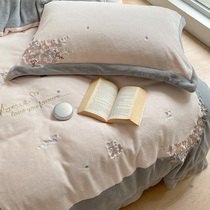 Milk velvet four-piece Winter plus velvet thickened hipster flower embroidery quilt cover double-sided coral fleece bedding bedding