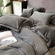 Winter thickened standing warm velvet milk coral velvet four-piece Nordic wind bird grid quilt cover bed double-sided Velvet