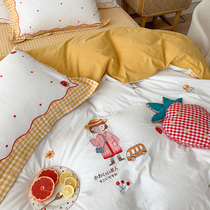 Water wash cotton cotton four-piece set 100 cotton plaid cartoon girl heart girl children three-piece bedding 4