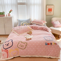 Thickened warm milk velvet four-piece Winter pink girl heart wave point quilt cover plus velvet coral velvet bedding bedding