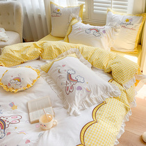 Color-dyed water washing cotton cotton cotton four-piece set 100 cotton yellow cartoon hipster girl heart quilt cover nude sleep super soft 4