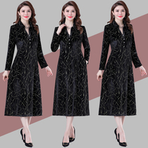 2021 New golden velvet mother womens long sleeve dress autumn meat loose V-collar wide dress