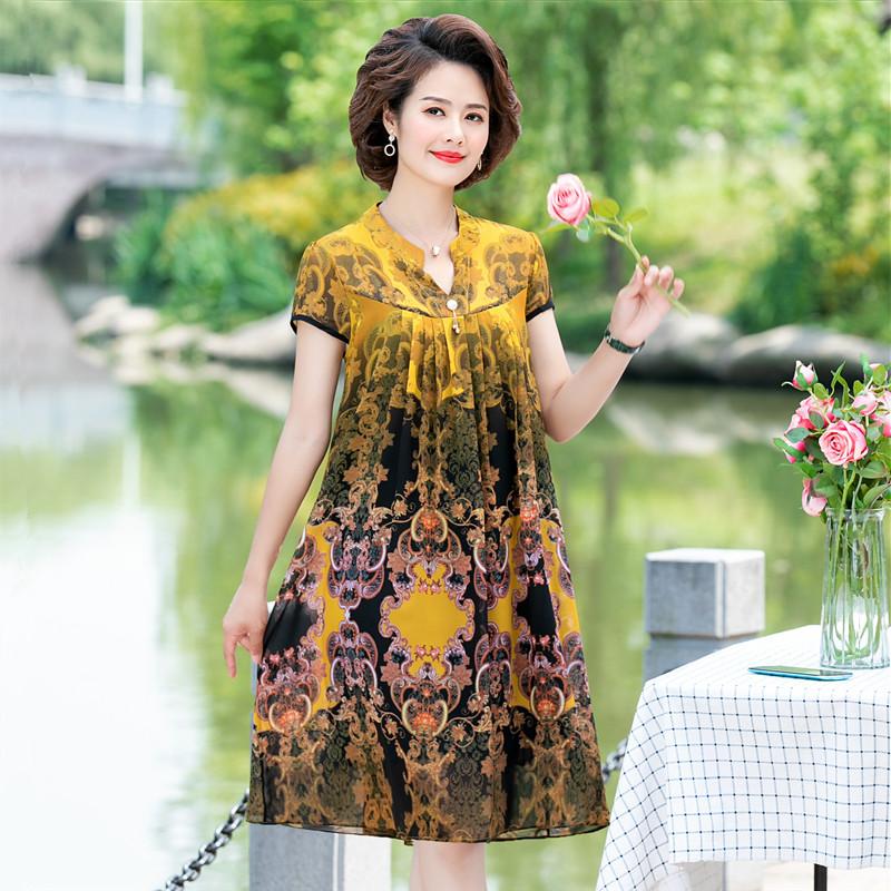 Middle Aged Mother Foreign Dress Summer Dress Temperament Noble Middle Aged Woman Dress High-end Foreign Pie Big Size Cover for Snow Textile Dresses