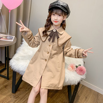 2022 New Girls Shawl Collar Bowknot Windbreaker Mid-length Internet Celebrity Spring and Autumn Childrens Wear Lady Wind Coat