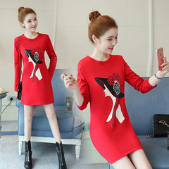 实拍冬装新款韩版大码修身女图案印花连衣裙加绒加厚打底衫