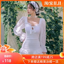 Long sleeve one-piece swimsuit female summer conservative thin belly cover belly 2021 new small breasts gather seaside flat corner swimsuit